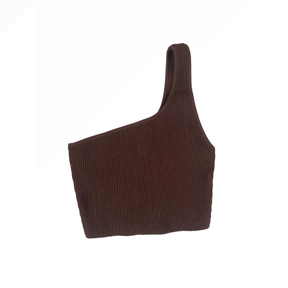Babaton Sculpt Knit One Shoulder Crop Top Brown Ribbed Tank Medium